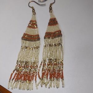 Gorgeous New Handcrafted Beaded Fringe Sparkly Gold Rust Cream Earrings